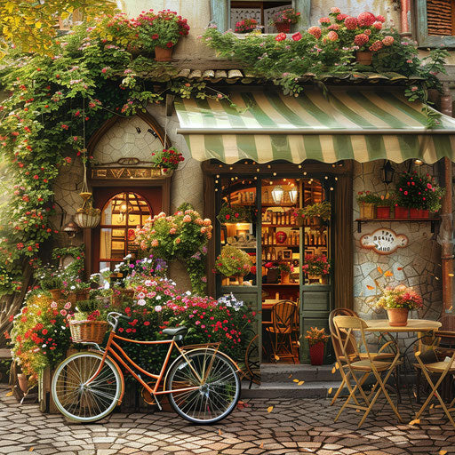 Bike with flowers in front of quaint cafe