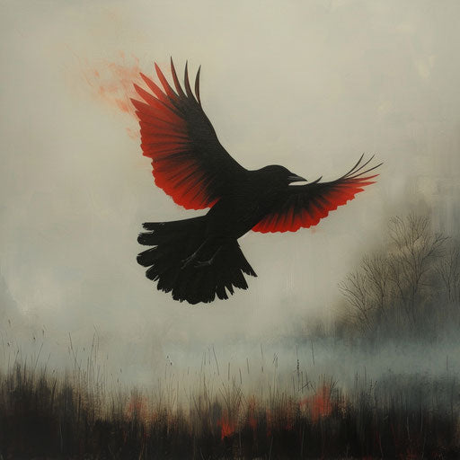 Black bird with red wings in misty morning landscape