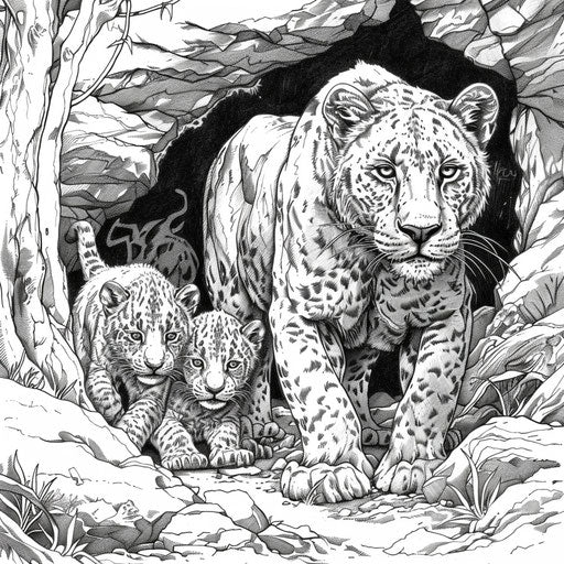 A black panther and her cubs in a cave