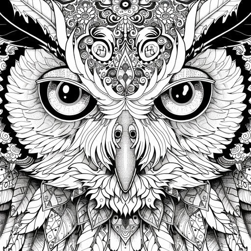 Adult owl with pattern coloring pages in artistic style
