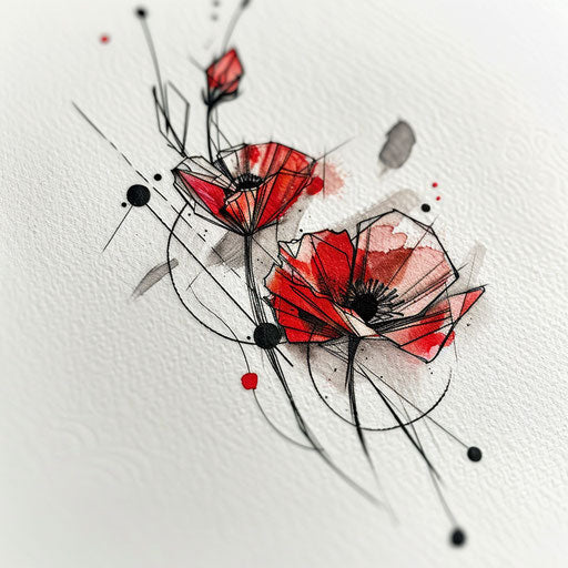 Abstract poppy tattoo design combining geometric shapes and vivid colors on white background
