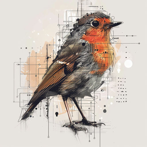 Modern drawing of a robin with pixel art details