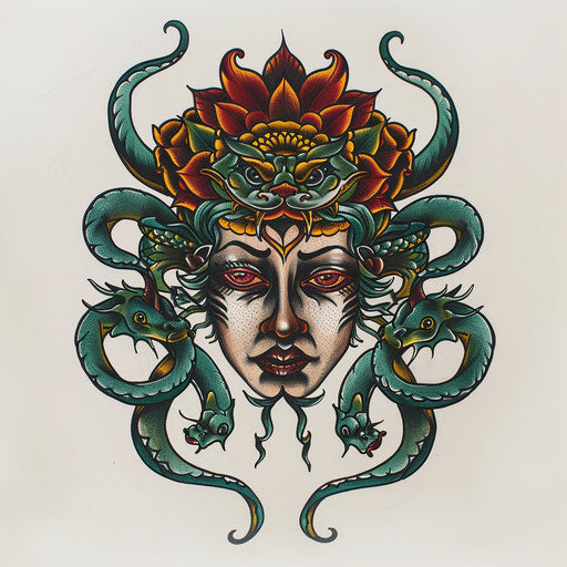 Traditional tattoo of a Gorgon's head with vivid green snakes