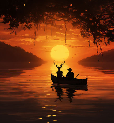 Sunset with couple on boat and silhouette of deer