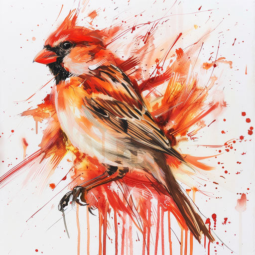 Sparrow with fiery aura, in vibrant red and orange, on white