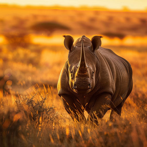 West African black rhinoceros standing majestically in the golden savannah at sunset.