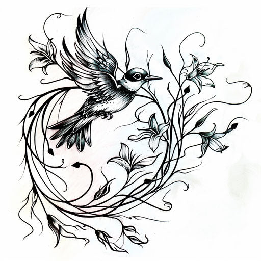 Swallow tattoo design inspired by Art Nouveau, flowing lines and natural motifs