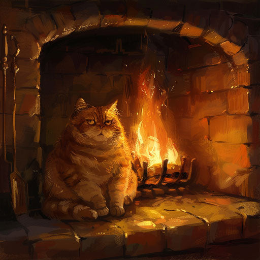 Fatcat in front of a fire in a fireplace