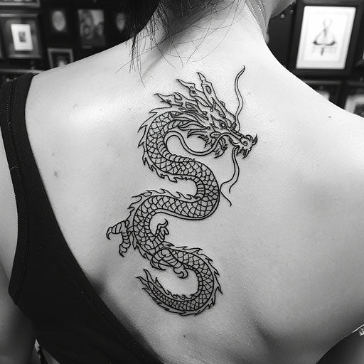 Outline tattoo of a dragon, Ami James style