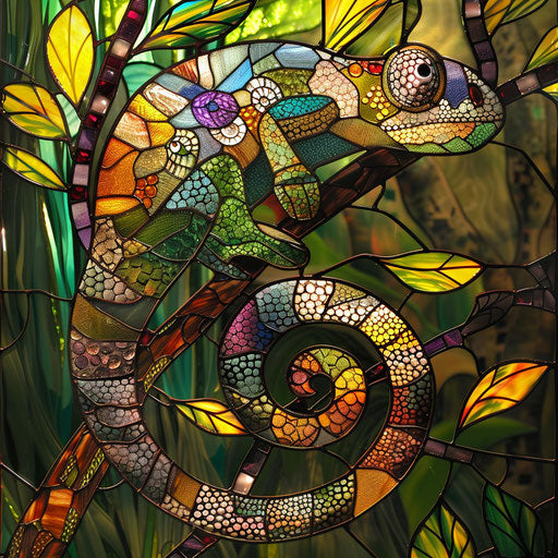 Chameleon in a stained glass window, mimicking patterns and colors