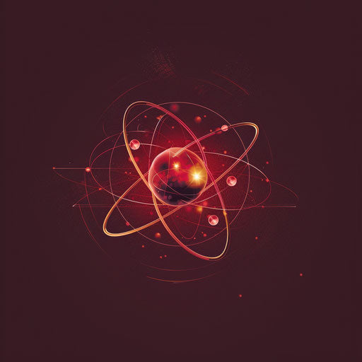 Photo-realistic atom clipart on a flat, rich burgundy background