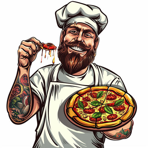 Illustration of Italian chef with pizza, cartoon style