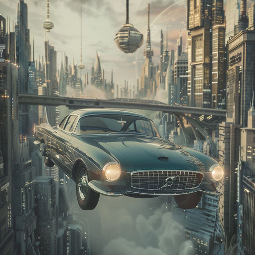 1966 retro-futuristic Volvo P1800 with hover conversion floating above city of tomorrow
