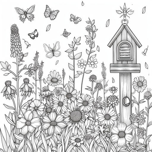 Beautiful garden with flowers, butterflies, and birdhouse. Coloring page