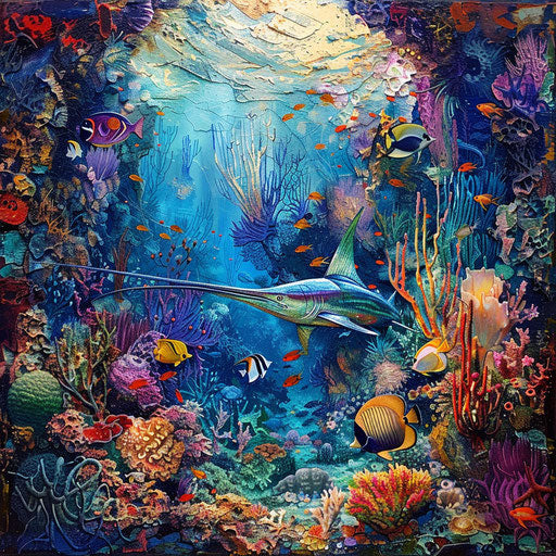 Swordfish in a vibrant coral reef
