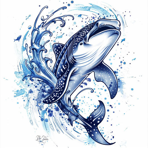 Dynamic sketch of a whale shark with energetic wave splashes