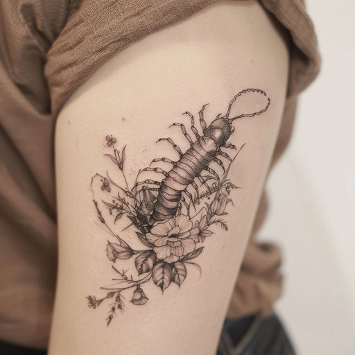 Surreal centipede tattoo blending with floral designs, on white background