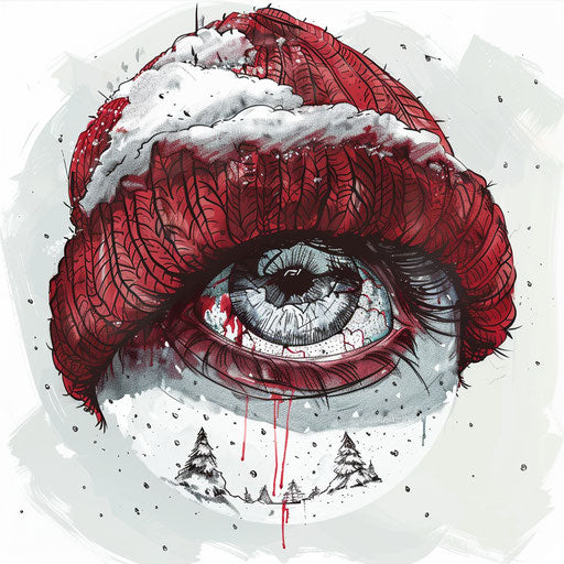 Winter hat on tattooed eye in snowy scene