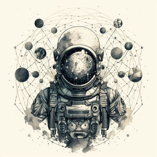 Ink portrait of an astronaut in space, geometric decoration style
