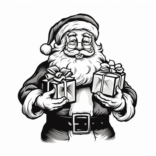 Santa Claus with gift in black and white on white background