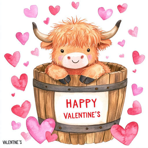 Young cute Highland cow in old wooden barrel with hearts, cartoon style