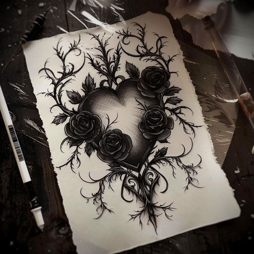 Black heart surrounded by dark thorny roses