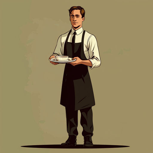 Illustration of a waiter with a realistic style on a muted olive background