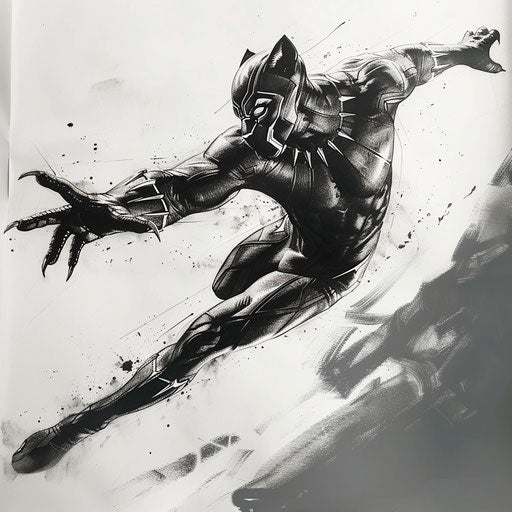 Dynamic black panther mid-leap, bold tattoo sketch on white