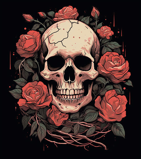 Skull of roses in a graveyard, rustic realism style