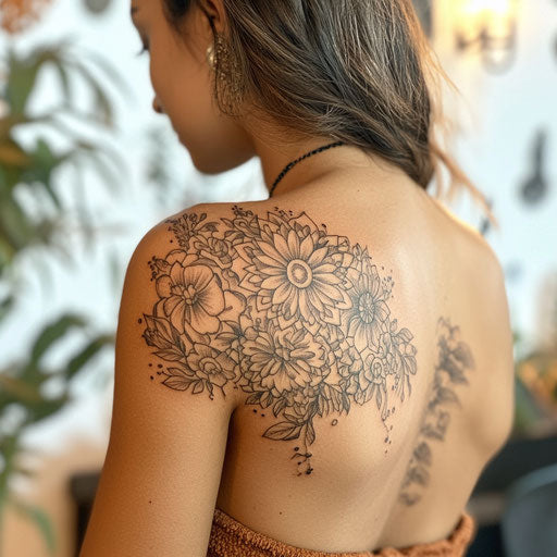Shoulder tattoos for females with mandala designs, in the style of Maria Sibylla Merian