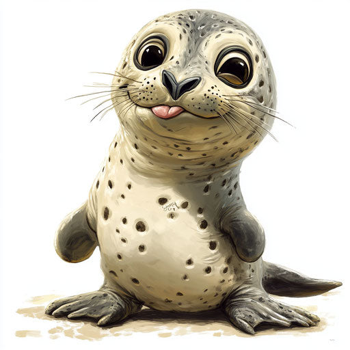 Humorous caricature of a seal caricature clipart with human characteristics, exaggerated thin lips, small feet, polka-dotted, vibrant colors, cartoon style, winking, high-resolution, no background, isolated