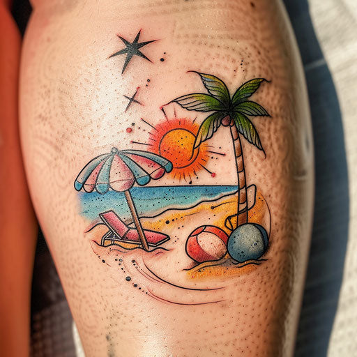 Beach scene with surfboard, beach ball, and umbrella