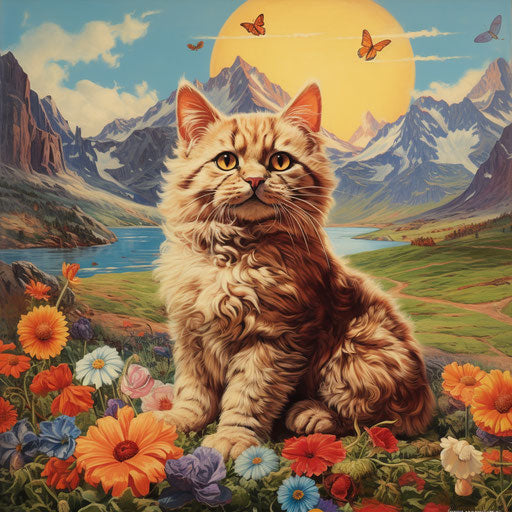 Cat sitting in front of mountain scenery