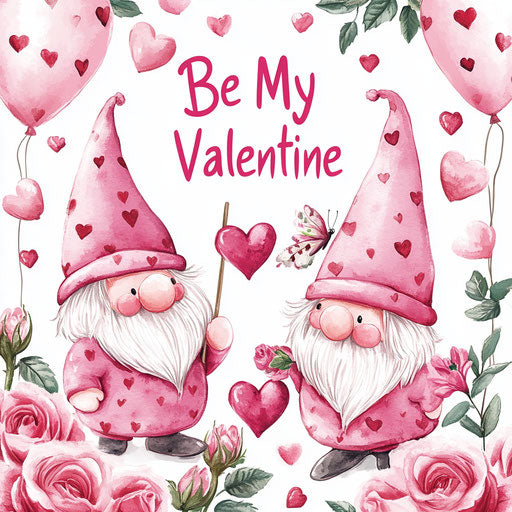 Three gnomes in pink, hearts, and roses with text 'Be My Valentine', digital art