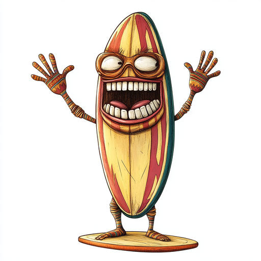 Humorous caricature of surfboard with human characteristics
