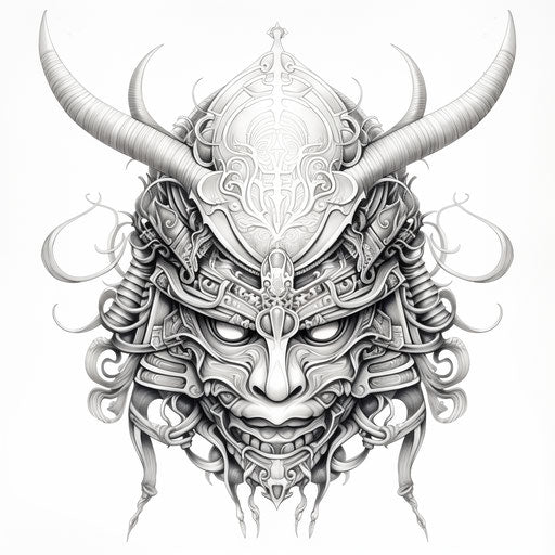 Japanese samurai helmet in black and white line work, necronomicon inspired