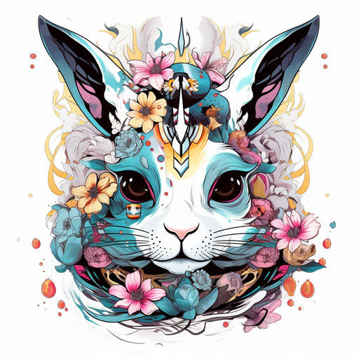 White rabbit with yellow flowers, unique yokai style, animated energy