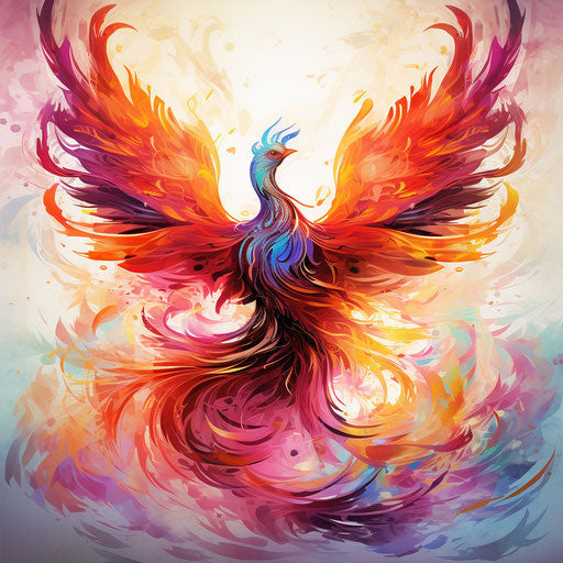 colorful phoenix on abstract background, dark orange and light magenta, linear illustrations