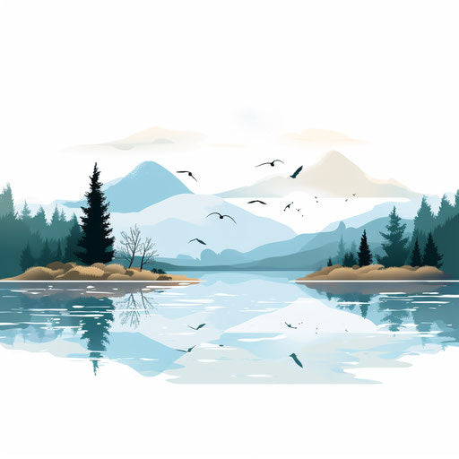 Minimalist lake illustration on white background