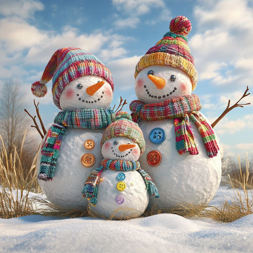 Whimsical snowman family in snowy field