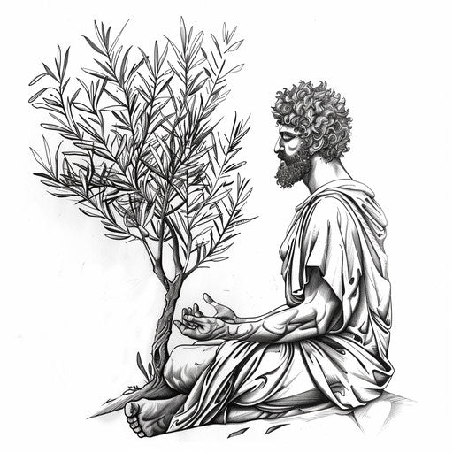 Peaceful flat tattoo sketch of Marcus Aurelius meditating under an olive tree