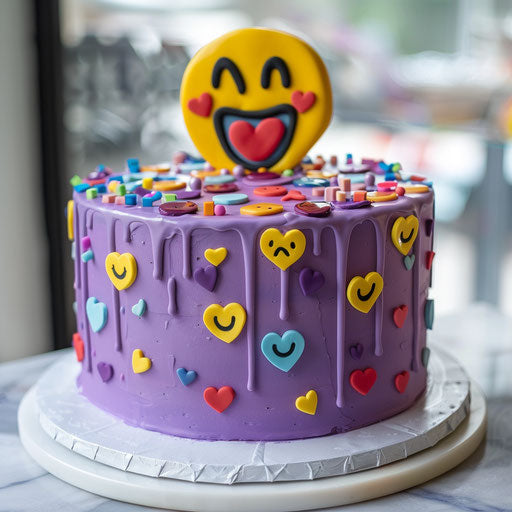 Purple Emoji Cake with Hearts and Smiles