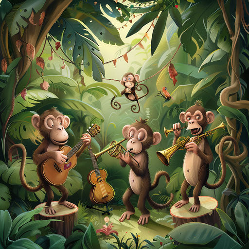Whimsical scene of monkeys playing instruments in a jungle band