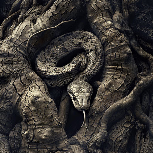 Python snake among the roots of an ancient tree