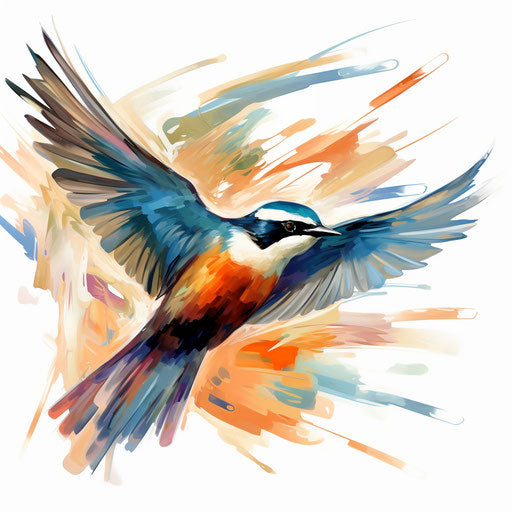 Flying bird clipart in the style of Impressionistic Art, on a white background