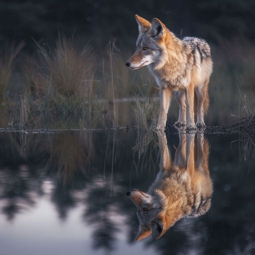 Coyote exploring edge of tranquil lake at twilight