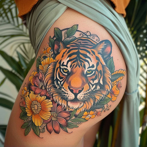 Hip tattoo of a tiger, in the style of Ed Hardy