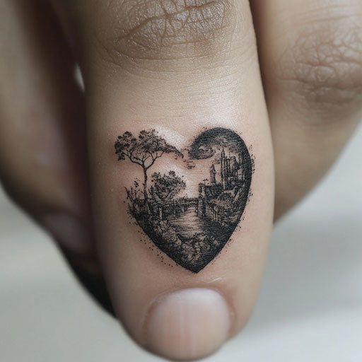 Heart tattoo on finger against tiny imaginative world