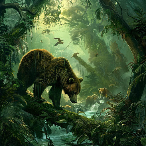 Bears hunting in lush forest