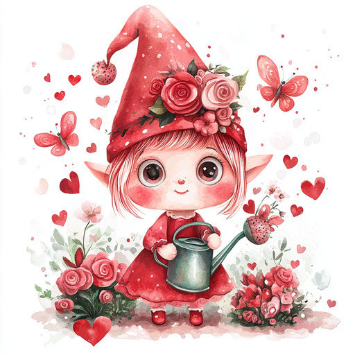 Cute pink gnome girl with watering can surrounded by butterflies